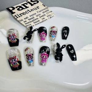 【HANDMADE+Free Glue】Real Photos Press on Nails Super cool style Labubu skull rabbit nails medium trapezoidal Zimomo nails Phototherapy Fake Nail Patch Artificial Nail Reusable