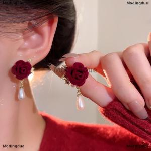 [COD] Modingdue New Wine Red Velvet Rose Earrings For Women Vintage Red Rose Elegant High-end Studs Earrings Jewelry Accessories
