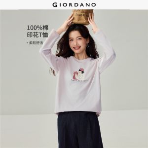 Giordano Beau Monde Women 100% cotton lifestyle print long sleeve tee Free Shipping 13396799