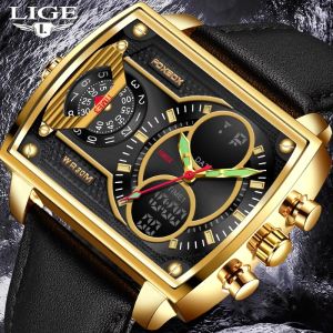 LIGE New Watch for Men Square Digital Waterproof Quartz Wristwatch Sport Men Dual Display Clock+Box