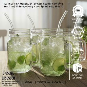 Bộ 4 Ly Quai Thuỷ Tinh Trơn Thân Vuông Đựng Trà Sữa Lớn 650 Ml Kèm Nắp Đậy Kín Hoặc Nắp Có Lỗ Cắm Ống Hút