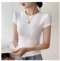 BASIC Double Lining Full Length Top Short sleeve Basic Plain T Shirts Top for women Cotton Spandex Slim Fit Body Hugging T-shirt Top XS-S free size. 