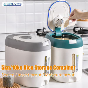 JustLiving 5kg/10kg Double Sealed Rice Bucket Household Insect-proof and Moisture-proof Rice Storage Container PP Large Oval Opening Grains Storage with A Flat Measuring Cup（Visualization Window）