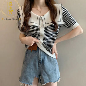 Glliya Wish Womens Knitting Top Korean Style Contrast Color Doll Collar Short Sleeve T-Shirt Top Shirt Women