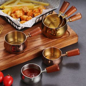 UUMIR 304 Stainless Steel Sauce Cup Wooden Handle Silver Gold Dipping Saucer Durable Tomato Sauce Steak Dressing Cup Restaurant