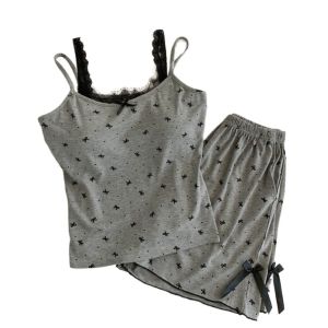 CHARMI with Pads Lace Bowknot Pajama Suit Square Neck Dot Shorts Camisole Nightdress Sweet Slim Fit Two Pieces Nightwear Lady Girl