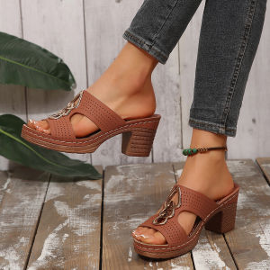 [Free Shipping] Retro Casual Roman-Style Round-Toe Sandals For Women New Design With Hollowed-Out Patterns High Heels And Buckle Straps Available In Plus Sizes