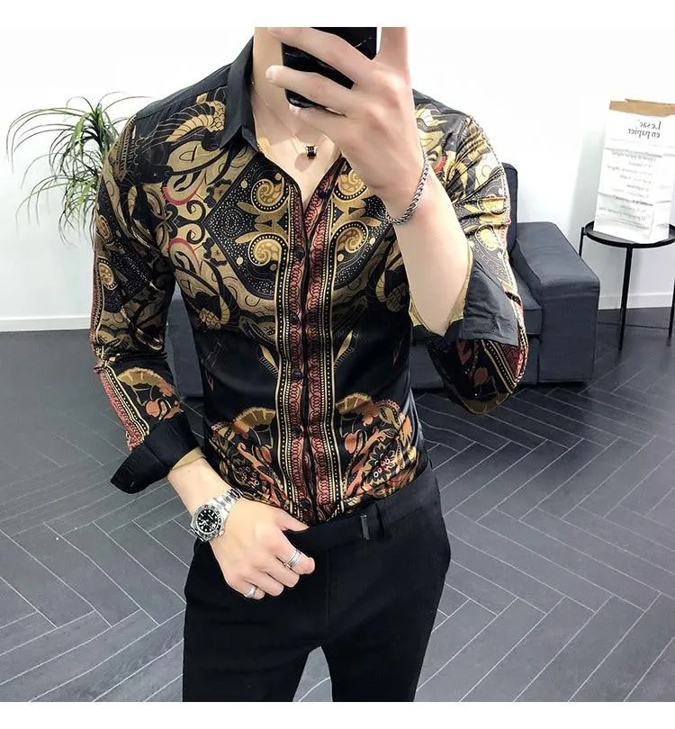 Cozy Up Luxury Gold Black Shirt Men New Slim Fit Long Sleeve Camisa  Masculina Gold Black Chemise Homme Social Men Club Prom Shirt