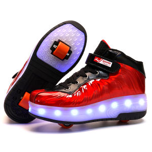 YCHION 2024 USB Charging Children Two Wheels Luminous Glowing Sneakers Black Red Pink Led Light Roller Skate Shoes Kids Led Shoes Boys Girls 2023
