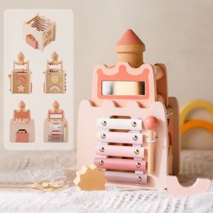 TAO MAX Montessori 5-in-1 Wooden Castle Toys Shape Sorter Early Education Castle Stacking Puzzle Toy Sensory Toys Logical Thinking Dollhouse Shape Wooden Toys Fine Motor Training