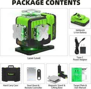 Huepar P04CG 4D 16Lines Laser Level Self Leveling 360° Horizontal Vertical Laser Lines Bluetooth Connection with Remote Control Rechargeable Li-ion Battery