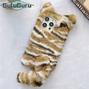 for iPhone 15 14 13 12 11 X XS Pro Max XR 8 7 Plus SE Furry Case Stripe Gradient Color Tiger Print with Plush Cat Ears Big Tail Fur Fluffy Back Cover Case
