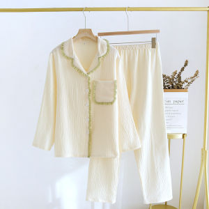 2025 Spring and Autumn New Womens Pajamas Set 100% Cotton Crepe Lapel Long Sleeve Trousers Two-piece Set Fresh Loose Home Style