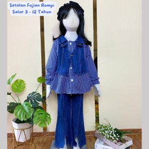 Setelan Felicia Jeans Baju Anak Perempuan import Korean Style Jeans Mix Brukat Usia 3 - 12 Tahun Baju Celana Cutbray set anak tangung jumbo oversize set anak lucu model kekinian set anak perempuan set crop top setelan terbaru 2024 anak perempuan - cod