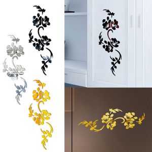 INTOONE Acrylic Wall Sticker Flower Vine Gold Black Silver Decorative Stickers Creative Flower Design Mirror Wall Decals Home Decoration