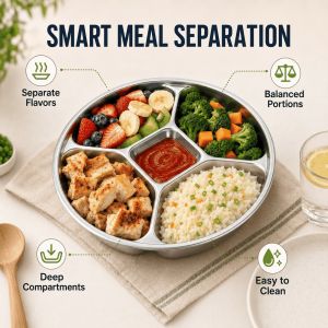 304 Stainless Steel Divided Plate 5 Compartment Food Tray Deep Meal Serving Plate Canteen Restaurant Kitchen Tableware Easy Clean Stackable Design