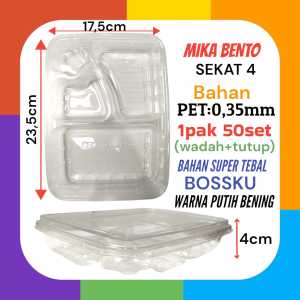 (ISI 50) Mika Bento 4 Sekat HITAMPINKBIRUKUNINGPUTIH BENINGHIJAU + Tutup + WADAH [GRATIS KARDU PEKING MIKA BENTO] / Box Bento / Mika Lunch / Tray Bento PET Per pack isi 50 SET (WADAH+TUTUP).ADA 6 WARNA PILIHAN HARGA PER 50SETp