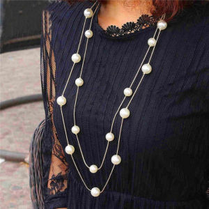 Korean Style Versatile Double Layer Necklace Fashionable Pearl Sweater Chain Long Necklace Accessories Rantai Leher Perempuan