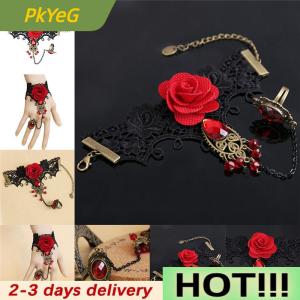 PkYeG Hot New Elegant Gothic Style Lace Red Rose Bracelet with Adjustable Finger Ring