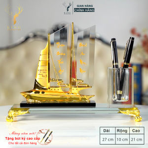 Hộp Đựng Bút Doanh Nhân Thuyền Thuận Buồm Xuôi Gió Hiện Đại Chất Liệu Đồng Mạ Vàng và Pha Lê Cao Cấp Hộp Bút Để Bàn