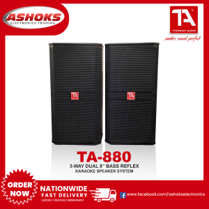 Titanium Audio 880 Karaoke System 1200W Dual 8" Speaker 3-Way Dual 8" Bass Reflex TA-880 with Free 2x3m Speaker Wire - Sold per Pair