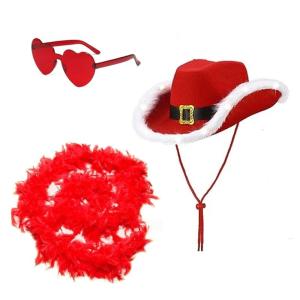 3PCS Christmas Party Adult Cowboy Hat with Heart Sunglasses with Feather Scarf Adult Western Fedoras Hat Windproof Tools
