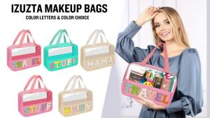 Preppy Clear Baby Makeup Bags with Chenille Letter Patches Travel Essentials Large Clear Make up Bag Zipper Pouch with Handle Waterproof Nylon Cosmetic Toiletry Storage Tote for Women (BABY-Beige)