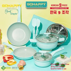PANCI COOKWARE SET Gohappy Korean 9pcs Anti lengket GHK90V VANILLA Double Color inside and outside - wok casserole frying pan milk pan complate set