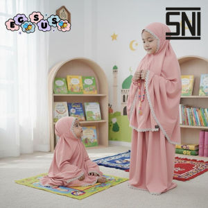 (EGSUS) Fashion Muslim Pakaian Anak Perempuan Mukena Zipper Perlengkapan Sholat Bayi Katun Polos Renda Bunga Coksu