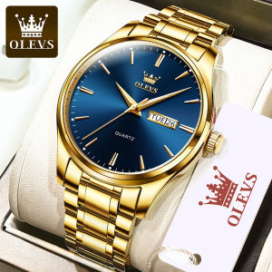 【swiss certification】 OLEVS watch for mens original top level imported quartz movement waterproof dual calendar simple roman dial design stainless steel strap gold light luxury casual business mens fashion watches
