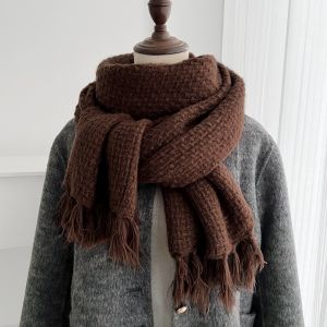 VIVIDI Bánh waffle Khăn choàng cổ cashmere mùa đông Màu trơn có tua rua Khăn choàng Pashmina Thanh lịch Mềm mại bông xốp Khăn choàng cổ bằng len. Phụ nữ