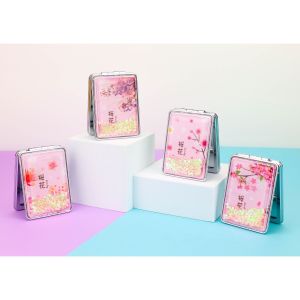 Japan Sakura Glitter Foldable Mini Pocket Makeup Mirror Portable Mirror Cosmetic with Flowing Sparkling Cermin 镜子