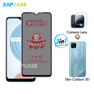 Paket 3in1 Anti Gores Layar Privasi Realme C21 Free Tempered Glass Camera dan Skin Carbon