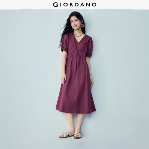 GIORDANO Women Dresses 100% Cotton Shirred Waist Midi Dresses V-Neck Puff Sleeve Fashionable Casual Dresses 05466348