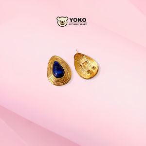 YOKO Anting Wanita Bentuk Oval Dengan Batu Warna Biru Anti karat dan Anti Luntur Anting Wanita Dewasa Asli Anting Jepit Korea Style E1-24