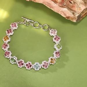 S925 Sterling Silver Clover Bracelet with Natural Tourmaline Colorful Gemstone Jewelry for Women
