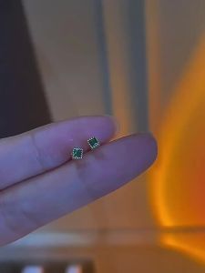 S925 Sterling Silver UltraSleep Without Removing Small Square Green Diamond Geometric Earrings for Men and Women Students Ear Bone Studs [ Free Shipping ]