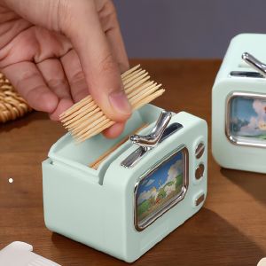 1 Toothpick Holder with 1 Pack of Toothpicks | Retro TV Design Multi-Colored Automatic Pop-up Dispenser Ideal for Bedroom Dresser and Vanity Decor Kitchen and Dining Suitable for Christmas Black Friday Cyber Monday