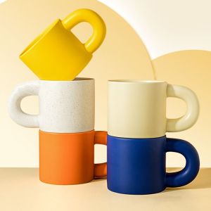 AAIV Solid Color Pink Coffee Mug Ceramic Fat Round Handgrip Cute Fat Handle Cup Personalized High Appearance Level Novelty Cups Gifts