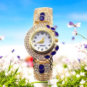 Jam Tangan Quartz Elegan dengan Strap Logam Berbahan Berlian Imitasi dan Dial Transparan