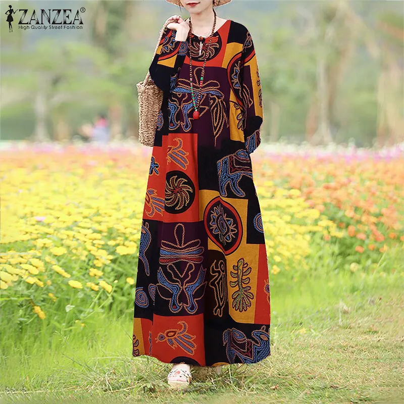 ZANZEA Womens Holiday Vintage Ethnic Printed Maxi Dress Cotton Linen With  Pockets A-Line Dresses #0918