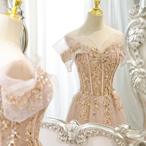 Glary Star One-shoulder Pink Evening Dresses Female Niche Light Luxury Host Vocal Art Exam Dresses Engagement