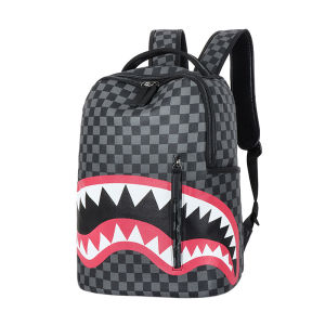 Mens backpack new high-capacity street trend shark travel bag fashionable plaid student backpack