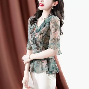LUXURY Queen High End Womens Silk Blouse Womens 2023 Summer New Short Sleeve Fashion Age Reducing Fragmented Hangzhou Silk Top