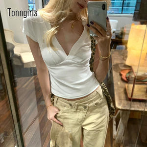 Tonngirls Korean Style T Shirt Women Deep V Neck Crop Tops Y2k Vintage Tops Streerwear Japanese 2000s Tshirts Solid White Tee2026