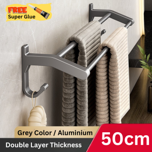 BEULIFE Bathroom Aluminium Double Rod Bar Towel Rack Towel Hanger Rack Holder No Drill Rak Penyangkut Ampaian Tuala