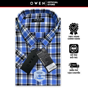 OWEN SALE - Áo Sơ Mi Owen Tay Ngắn Màu Xanh Đen-Trắng Họa Tiết Caro Form Body Fit Lai Ngang Chính Hãng