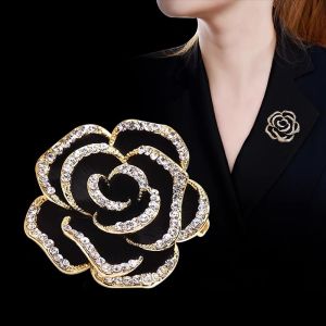 Black Rhinestone Camellia Flower Brooch for Woman Big Size Brooch Pins Dress Shirt Accessories