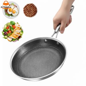 304 Stainless Steel Frying Pan with Handle Non-Coated Honeycomb Surface for Easy and Efficient Cooking
