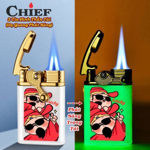 HỘP QUẸT BẬT LỬA CHIEF GA KHÒ 2 TIA HÌNH THẦN TÀI PHÁT QUANG TRONG ĐÊM
